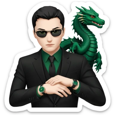mysterious scenery: green audemars piguet watch (without text), black bugatti, and a dark green dragon, and a mysterious agent from The Matrix sticker