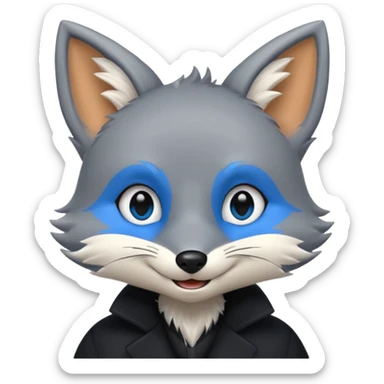 Grey anthropomorphic furry fox with a black coat, blue eyes, and a small fringe of black hair in head, smiling sticker