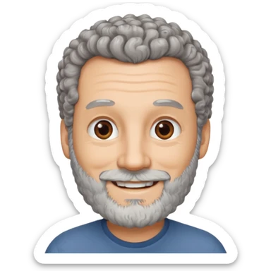 Illustrated emoji of a middle aged man with receding grey curly hair, brown eyes, white skin and a beard sticker