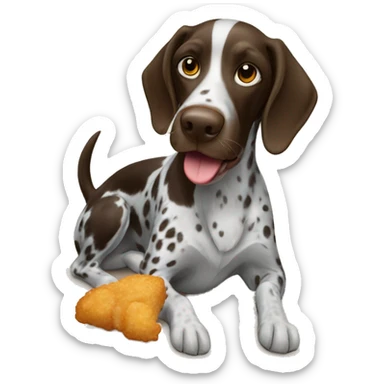 German pointer dog eating a chicken nugget sticker