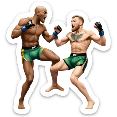 An MMA showdown between Conor McGregor and Anderson Silva in the octagon. McGregor is executing a jumping strike, while Silva skillfully deflects the attack. The background shows the UFC octagon with roaring fans and vibrant energy. Transparent background. sticker
