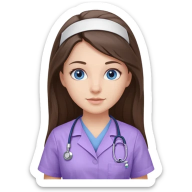 pretty brunette nurse with long hair and blue eyes in lilac scrubs sticker