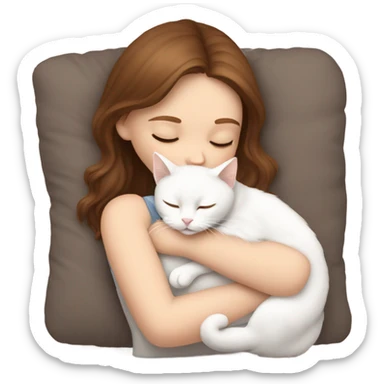 White girl brown hair sleeping with white kitty sticker