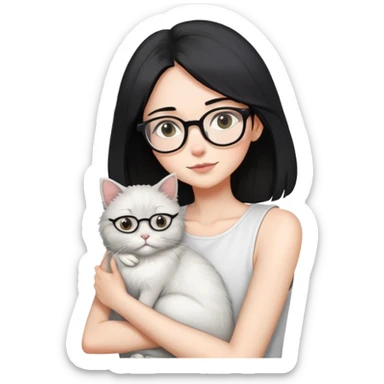 Skinny woman with oval glasses, shoulder length straight black hair, wearing white sleeveless top, hugging a grey Persian-Angora cat, plain background sticker