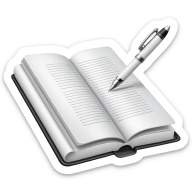 "A white open book,The pen should be positioned as placed exactly in the center between the pages.  if held by a right-handed person - meaning the direction is reversed compared to a left-handed grip. The pen should be uncapped, and the cap placed behind it." sticker