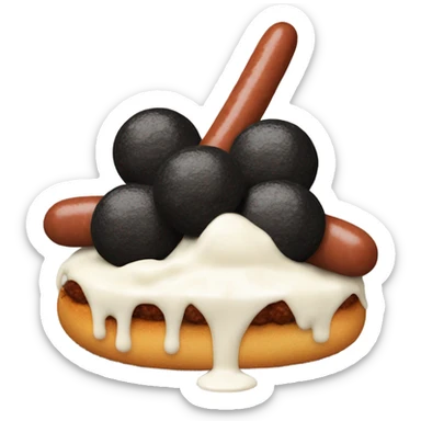 Sticking tong out with black sausage with 2 meat black meatballs with white sauce sticker