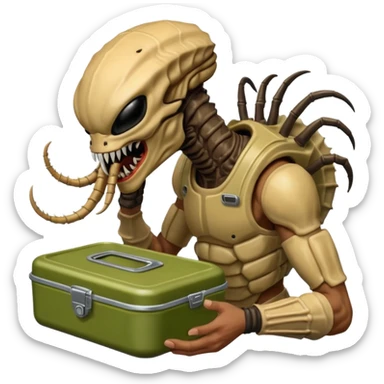 The original Predator with mask and mouth piece eating an Alien facehugger from a lunchbox, the setting should be dark and real. sticker