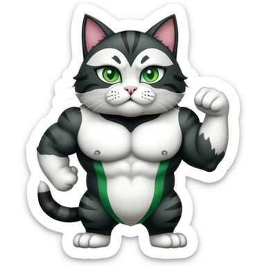 Jacked up Huge jumbo Super Duper Muscular Cat with a 10 pack full body black and white body and green eyes  sticker