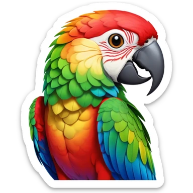 Cinematic Noble Macaw Portrait Emoji, Poised and regal, with vibrant, iridescent feathers in a spectrum of brilliant colors and sharp, intelligent eyes, Simplified yet sharp and sophisticated features, highly detailed, glowing with a soft, tropical radiance, high shine, majestic and graceful, stylized with an air of exotic elegance, focused and alert, soft glowing outline, capturing the essence of a watchful and confident avian guardian that seems ready to soar out of the screen with effortless authority! sticker