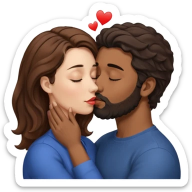 White woman (brown hair with eyes closed) kissing the top of the head (forehead) of brown man with black wavy hair (has a a beard with his eyes closed too). Woman has her lips to the forehead of the man, kissing him. sticker
