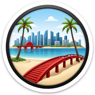 a circle island with modern buildings, a beach with palm trees and a red bridge in the back  sticker