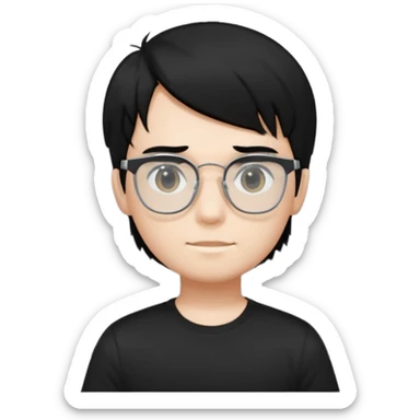 a boy wearing black t-shirts with the letters 'EDG', has fluffy short black hair and silver rectangular glasses sticker