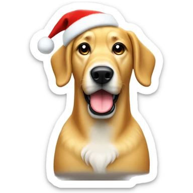 Large Golden dog with skinny snout and black mouth in a Christmas Sweater and hat sticker