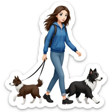 A beautiful girl with long brown hair walks a black and white Border Collie sticker