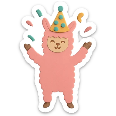 Edit to full-body pink alpaca wearing a polka-dot party hat, throwing confetti, keep the festive and cheerful vibe sticker