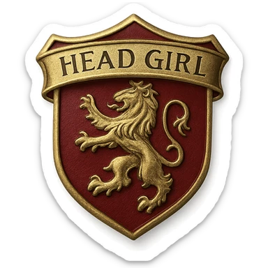 realistic Gryffindor head girl badge with no people, featuring a detailed lion emblem, the words 'Head Girl', Gryffindor's scarlet and gold colors, polished metallic style sticker