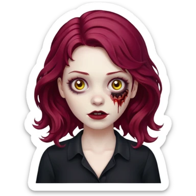 Faça me um emoji de um zumbi mulher de cabelos vermelho borgonha ondulado usando uma blusa preta sticker