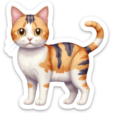 full body anxious looking colourful patchy calico tabby cat with tiny head to large body with fully white front legs sticker