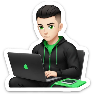 white male with dark hair, wearing a black MMA tracksuit, high fade haircut, slick back hairstyle, green eyes, green aura, coding on black laptop sticker