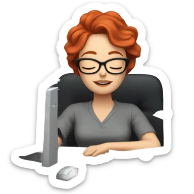 red hair woman nutritionist wearing glasses sleeping desk monitor stack paper sticker