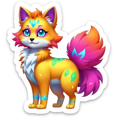 Vibrant multicolored neon-colored Falvie-Fionbri-creature-sparkle-feline-canine-hybrid-fursona, full body sticker