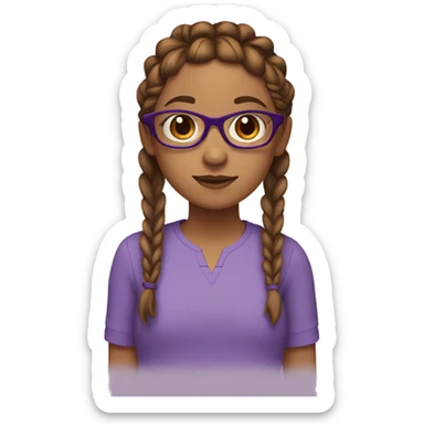 Girl with 2 brown french braids, brown eyes, glasses, and a purple shirt sticker