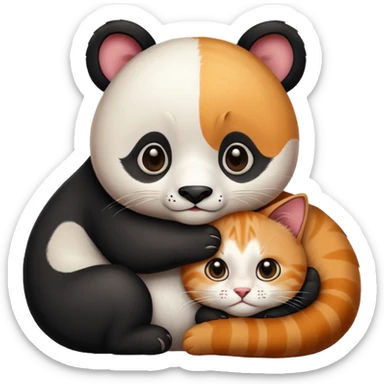 Panda hugging a  cat. The cat has 4 half its face ginger and the other half black sticker