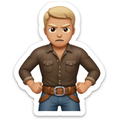 a angry man to the side slanging back and forth a belt sticker