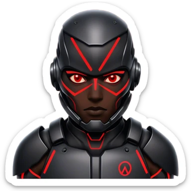 A cyber-warrior with a half-metallic face, neon red lines tracing his black armored skin sticker