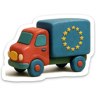 claymation style cargo truck with European flag, pastel colors sticker