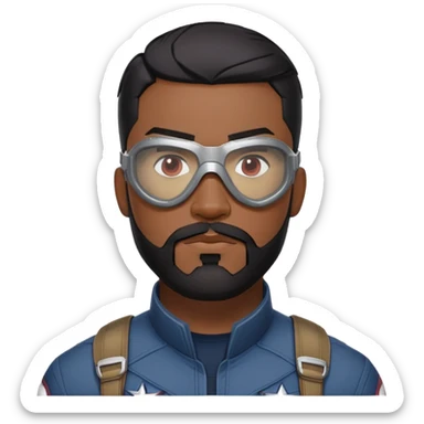 sam wilson have a short, neatly cropped black hair. It is evenly trimmed and close to the scalp, maintaining a clean and military-inspired and  a well-groomed beard that connects to his mustache,  wear sleek, red-tinted tactical goggles fit snugly from captain america: civil war sticker