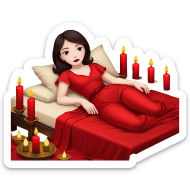 Low bed, red sheets, candles everywhere, woman reclining in shadowed control sticker