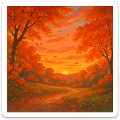 fall season sunset with vibrant autumn colors, colorful leaves, cozy atmosphere in ghibli style sticker