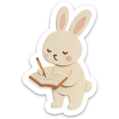 highly detailed, high quality paper craft style illustration of a cream-colored bunny standing and writing in a planner, intricate textures, soft lighting, delicate cut-paper details sticker