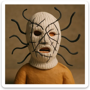 The mask is a full-head, white knitted balaclava with a tight ribbed texture. It features two asymmetrical eye openings and a partially exposed mouth area. Black thread is stitched across the surface in chaotic, abstract lines that trace facial features, giving a hand-drawn effect. Several black cords extend outward from the mask, varying in length and direction, adding a sculptural, almost organic appearance. The overall look is bold, handcrafted, and visually striking. sticker