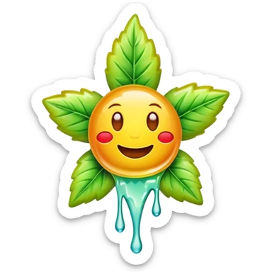 generate an emoji-style image of a juicy gummy shaped like a marijuana flower, make it colorful and with liquid dripping out sticker