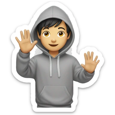 asian boy in grey hoodie waving at friends sticker