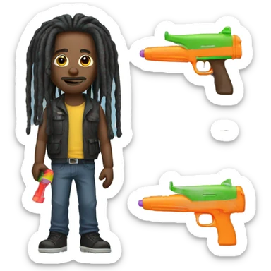 man with dreads holding a watergun sticker