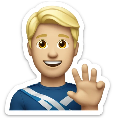 Male with blonde hair waving hand to say hello with a Scotland sticker