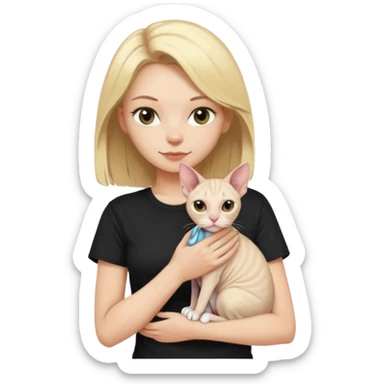 A white girl with blonde hair black T-shirt is holding a white Sphynx cat in her arms sticker