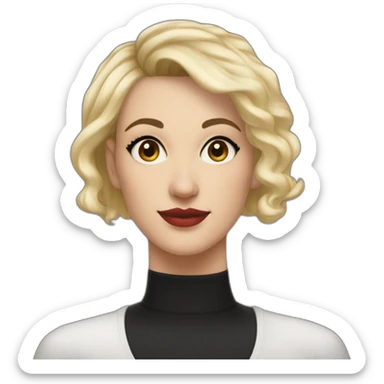 white woman in her forties hazel eyes black shaved hair on one side blond very short hair on other side upturned nose black tanker tattoo on the shoulders sticker