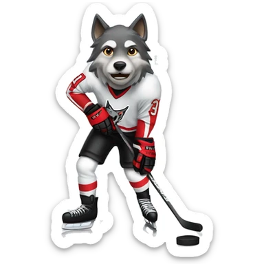 A wolf hockey player in a white red and black uniform holds a puck sticker
