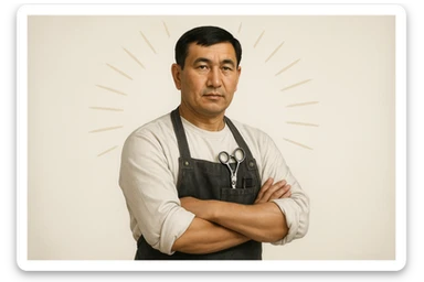 shu pozada turgan sartaroshni tuzib ber uzbek bo'lsin realistik janrda soch turmagi oddiy soqol shart emas sticker