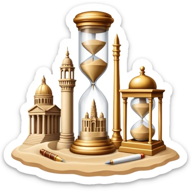 icon featuring ancient scrolls, quill pen with famous historical landmarks and monuments in the background. Large, antique sand clocks with sand pouring out represent the passage of time. Historical figures are depicted as statues. Transparent background. sticker