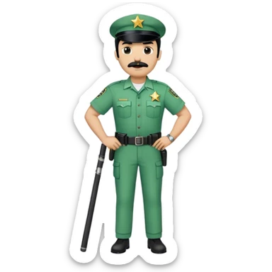 Chill guy in correctional officer green uniform. Full body. Black hair black mustache.  Light brown skin tone. Star badge. With duty belt and baton. sticker