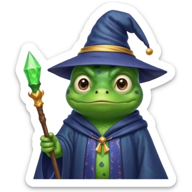 A smart frog in a hat and robes holds a pointer and with a smart face points out the mistake sticker