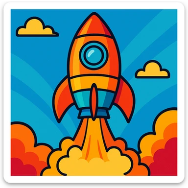 colorful rocket ship blasting off, vibrant colors, cartoon style sticker