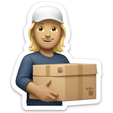 white mail carrier with blond hair and with a package wearing a white cap sticker