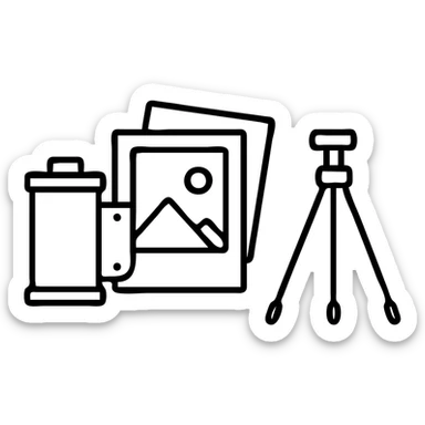 Film canister, photo prints, and tripod for analog photography sticker