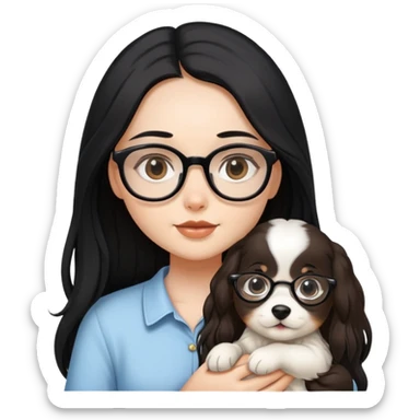 A beautiful girl with long black hair and glasses is holding a long-haired white and brown puppy sticker